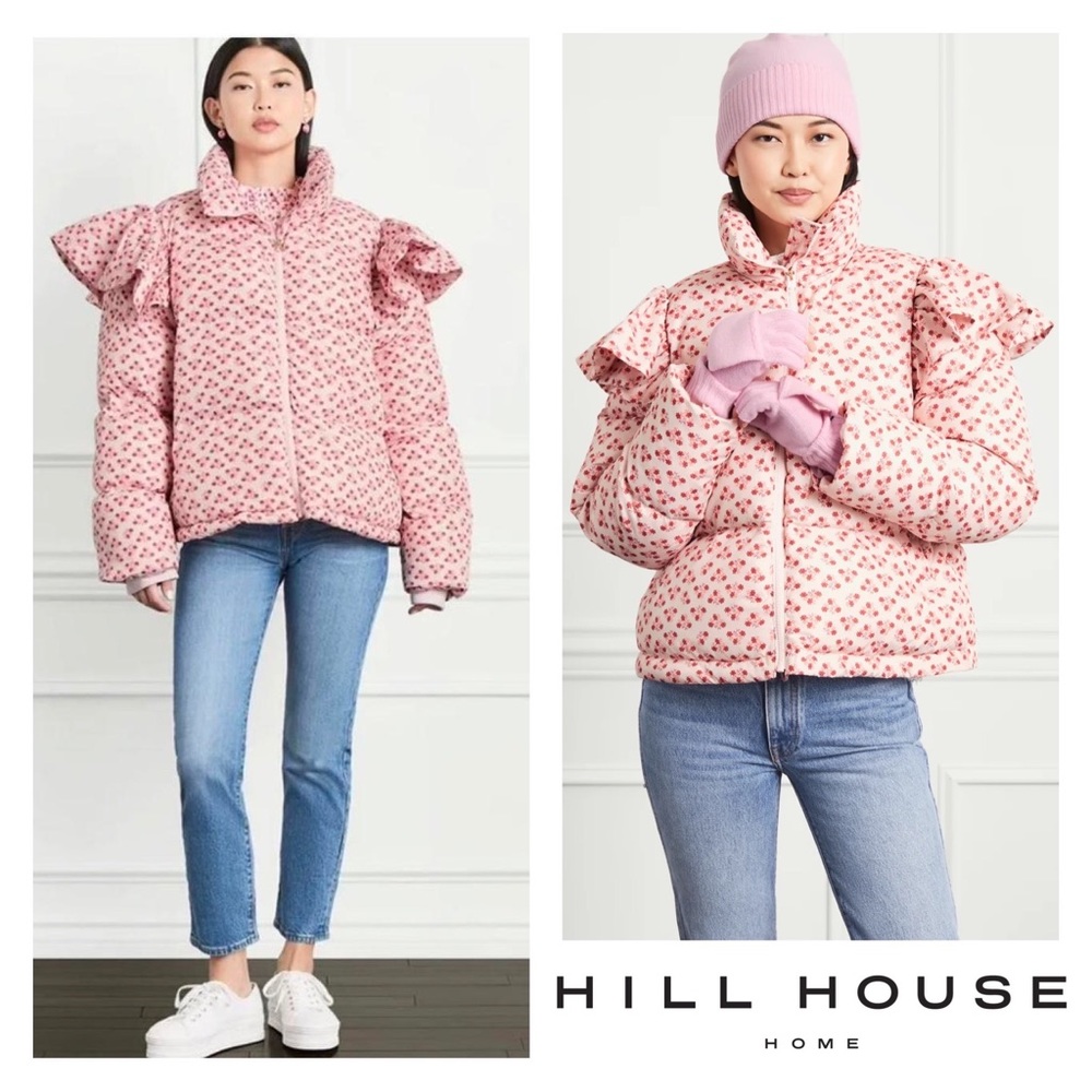 New! HILL HOUSE The Violet Floral Ruffle Sleeve Puffer Jacket - Picture 2 of 15